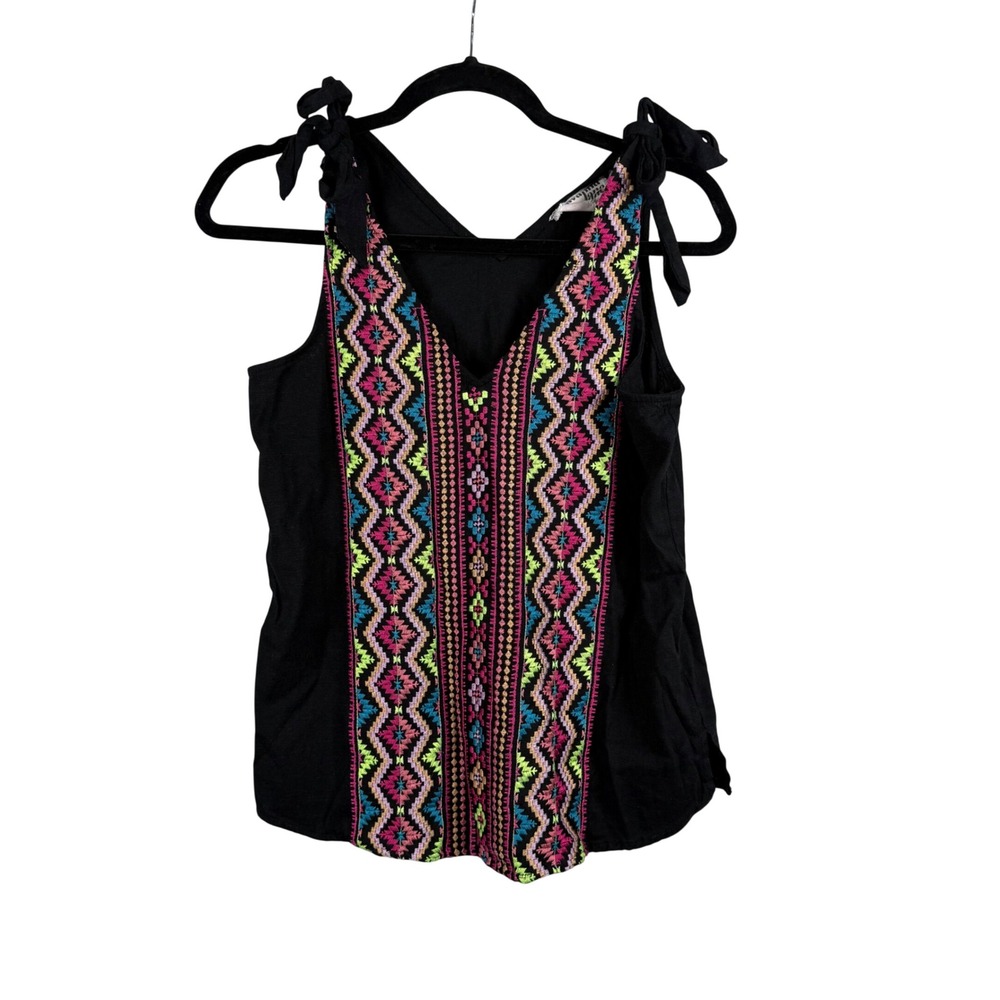 Savanna Jane Womens S Tank Top Black Embroidered Boho Tie Shoulder T10344 Cotton